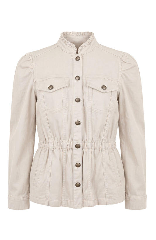 Liverpool Puff Sleeve Trucker Jacket W/ Ruffle Collar -Bone