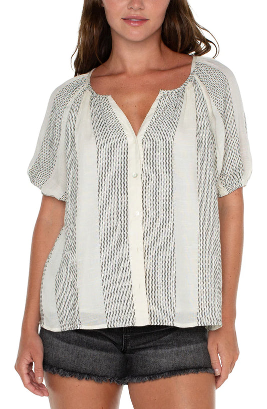 Liverpool BUTTON FRONT SHIRRED WOVEN TOP WITH PUFF SLEEVES