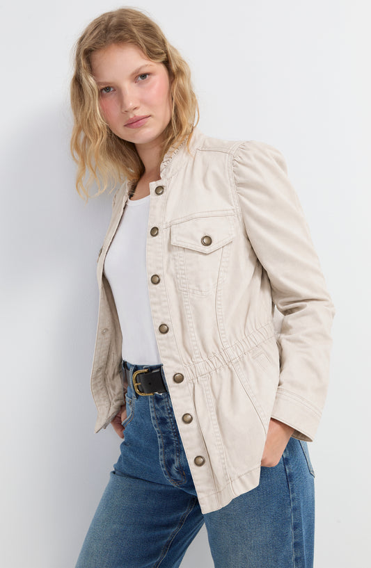 Liverpool Puff Sleeve Trucker Jacket W/ Ruffle Collar -Bone