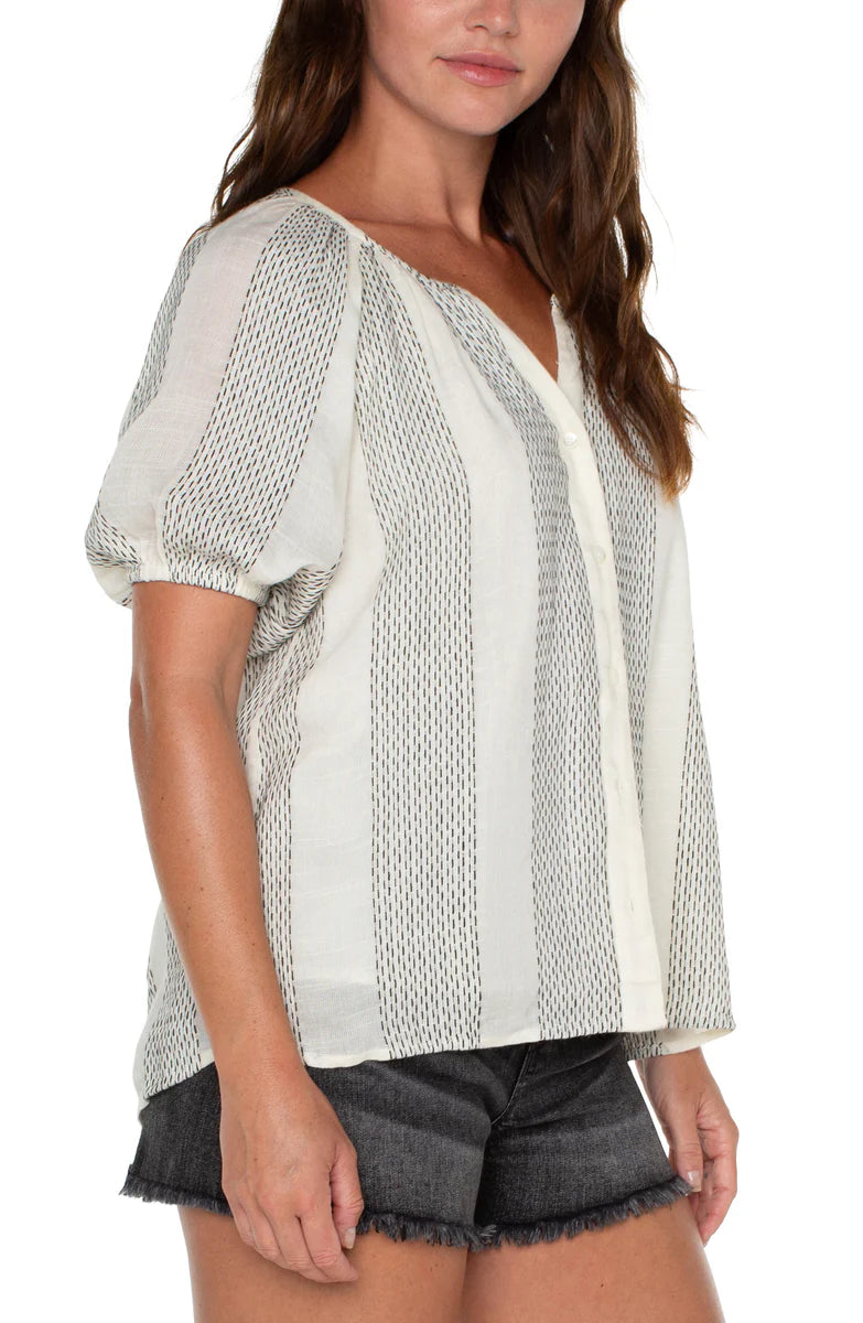 Liverpool BUTTON FRONT SHIRRED WOVEN TOP WITH PUFF SLEEVES