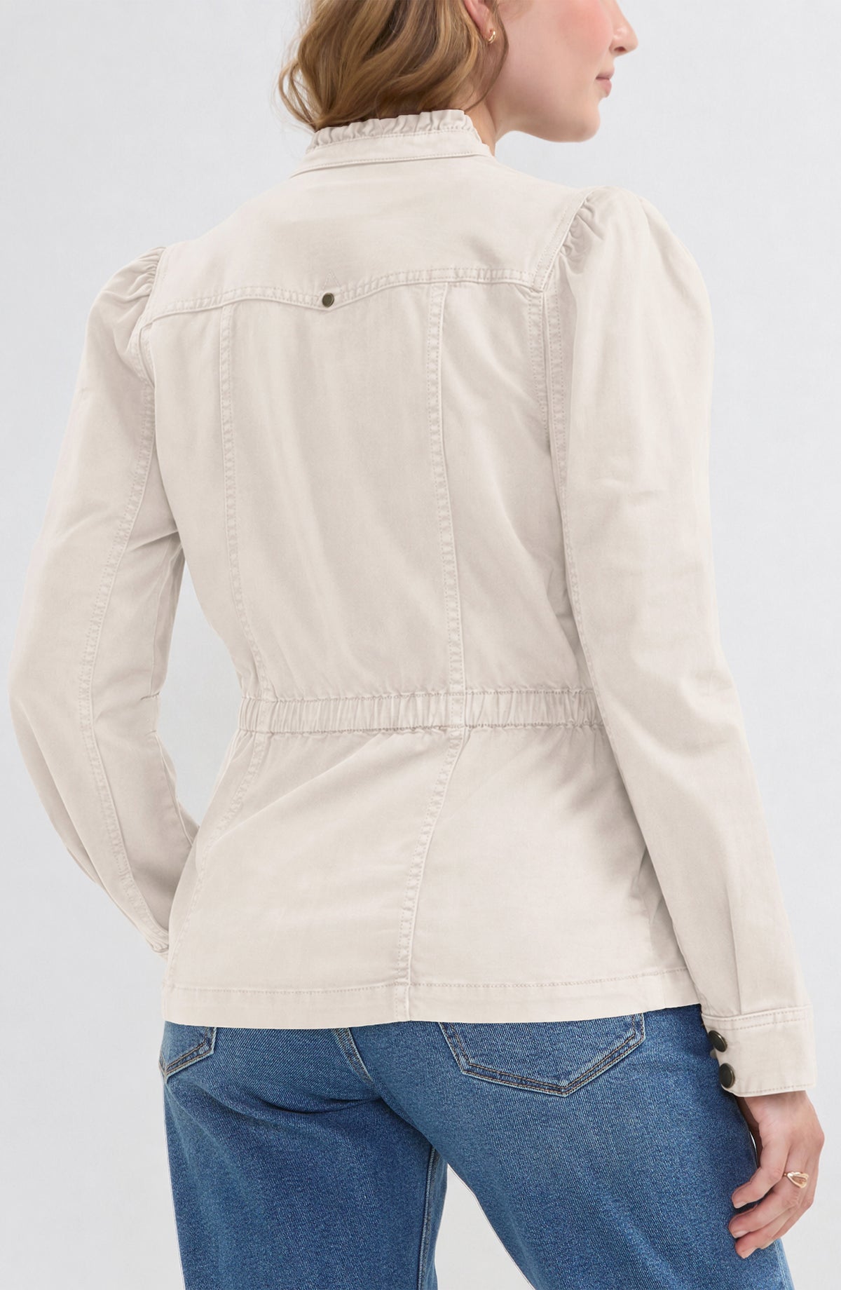Liverpool Puff Sleeve Trucker Jacket W/ Ruffle Collar -Bone