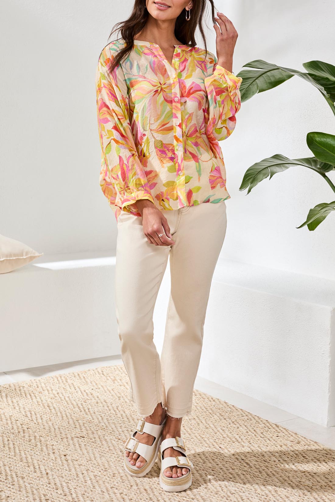 TRIBAL Flowy Dolman Sleeve Blouse With Self-Covering Buttons