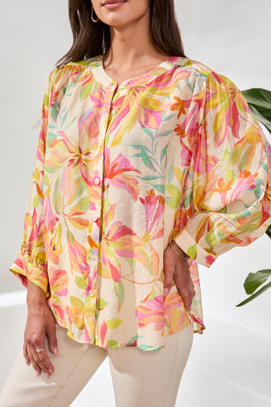 TRIBAL Flowy Dolman Sleeve Blouse With Self-Covering Buttons