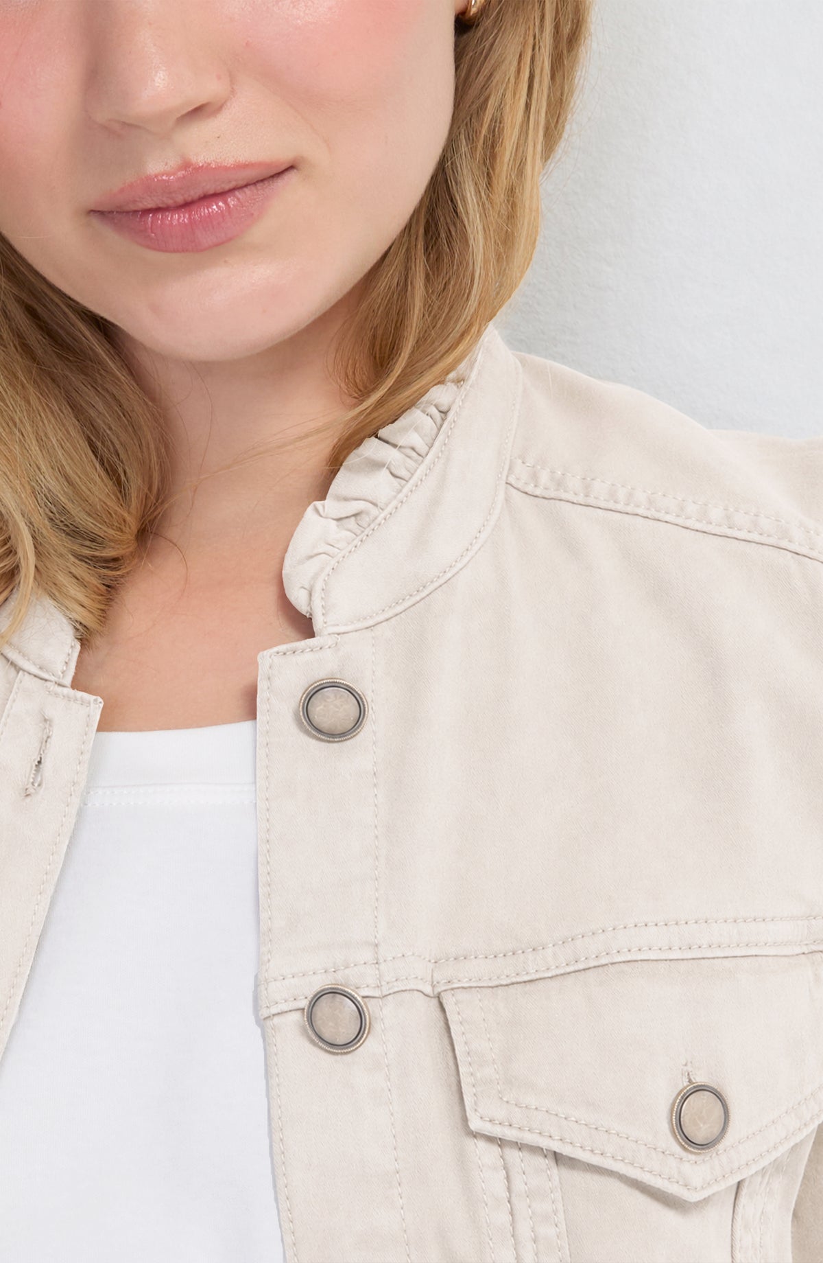 Liverpool Puff Sleeve Trucker Jacket W/ Ruffle Collar -Bone