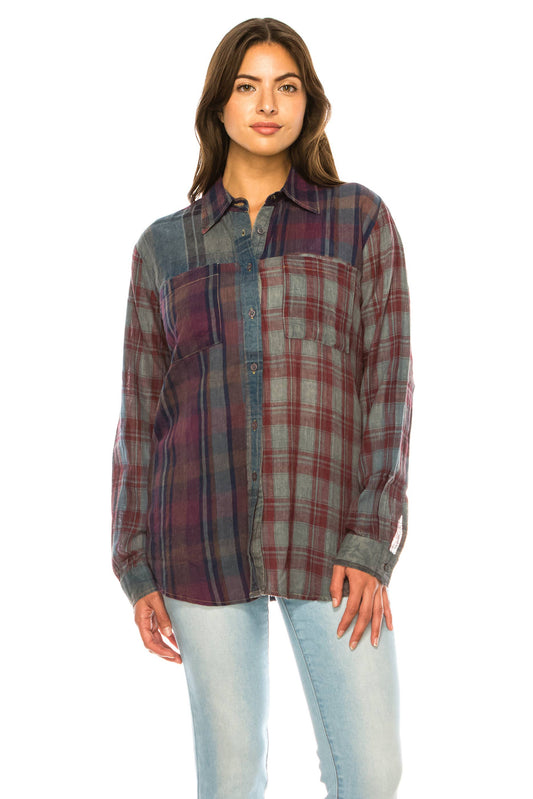 Zoee Mixed Plaid Print Button Down Shirt