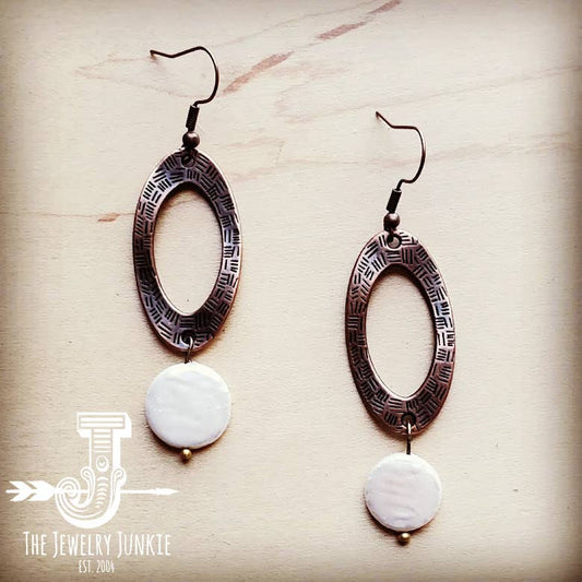 Genuine Shell Pearl Coin on Copper Hoop Earrings